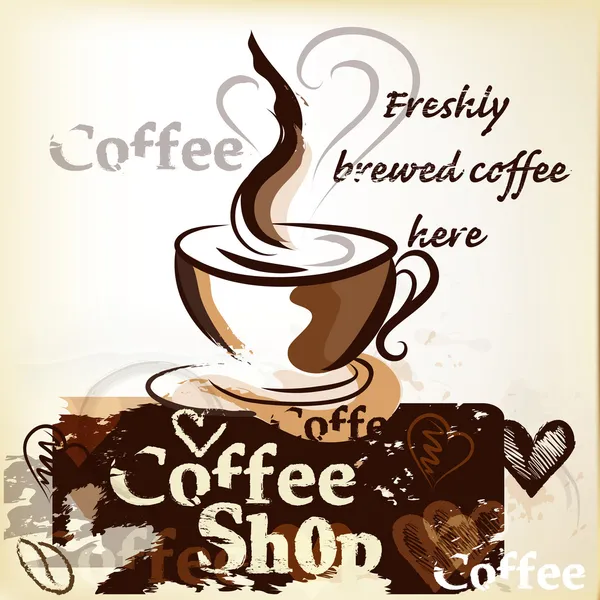 Coffee shop poster in grunge vintage style with cup of freshly — Stock Vector