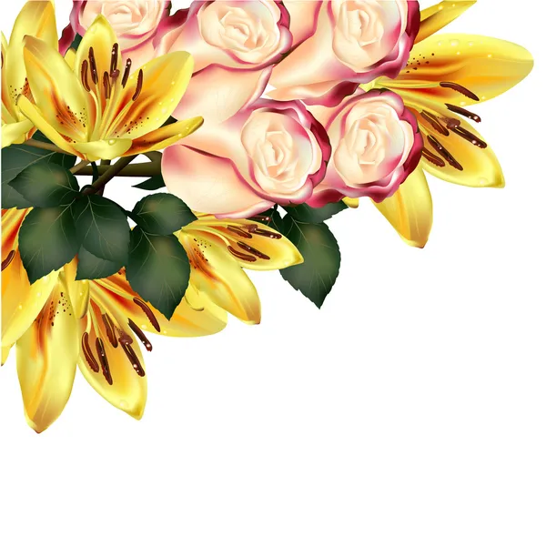 Floral achtergrond met gedetailleerde vector lily en rozen — Stockvector