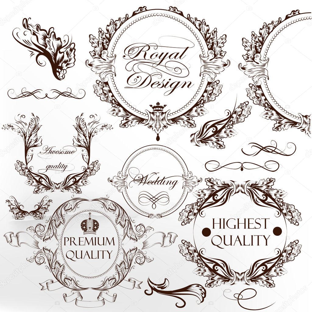 Collection of calligraphic vintage vector elements with wreath