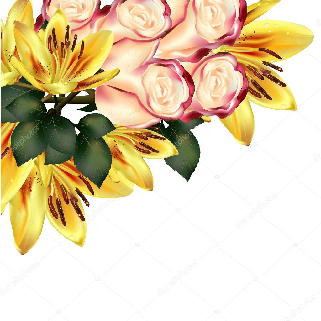 Floral background with detailed vector lily and roses