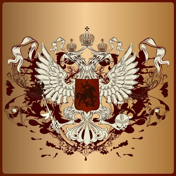Aigle héraldique avec armure, bannière, couronne et rubans en royal vi — Image vectorielle