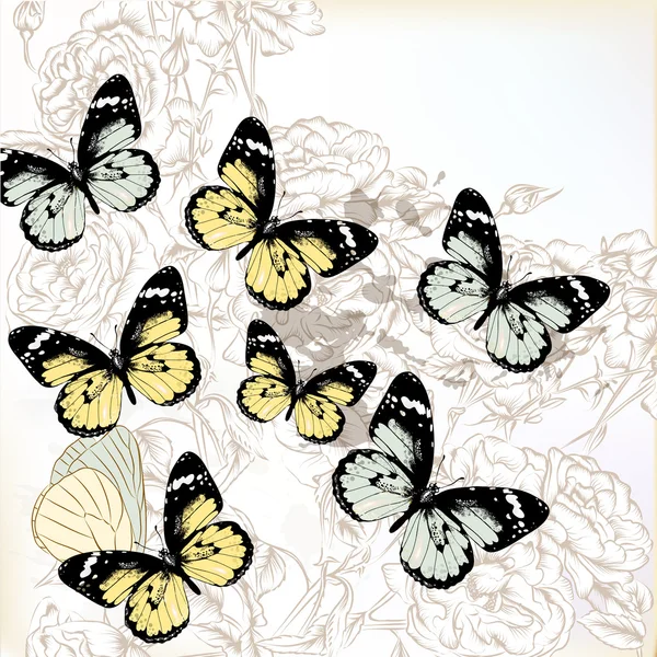 Pastel vector fondo con rosas y mariposas — Archivo Imágenes Vectoriales