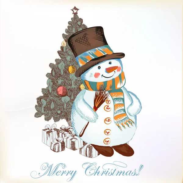 Christmas wenskaart met snowman en de kerstboom — Stockvector