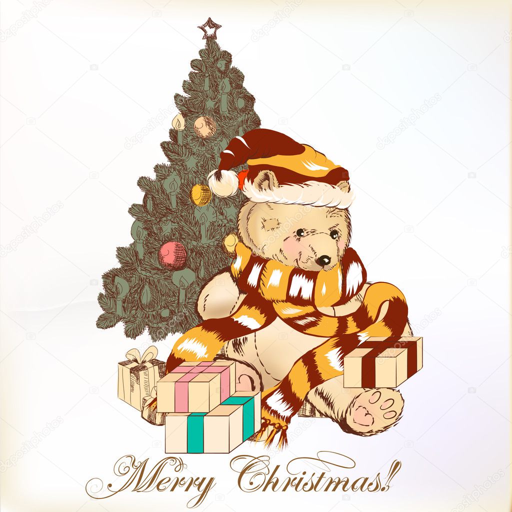 Christmas greeting card with plush bear and Christmas tree