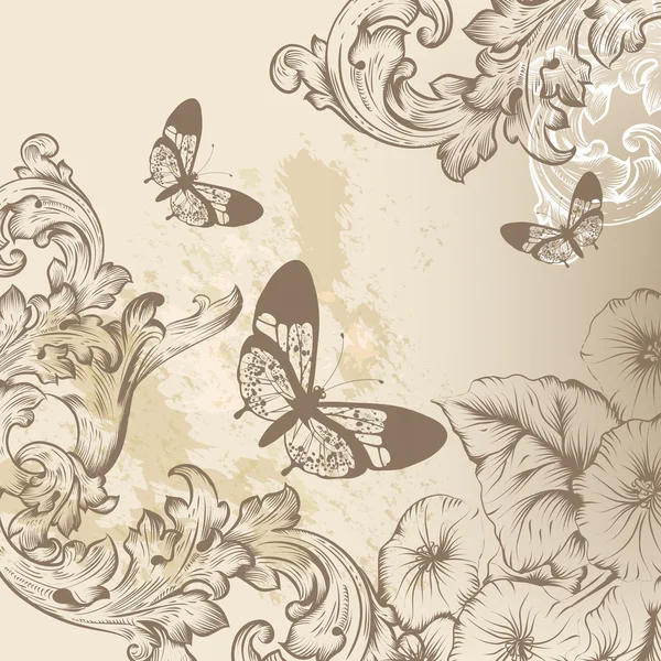 Elegante design vintage con ornamento vortice ornato, farfalle a — Vettoriale Stock
