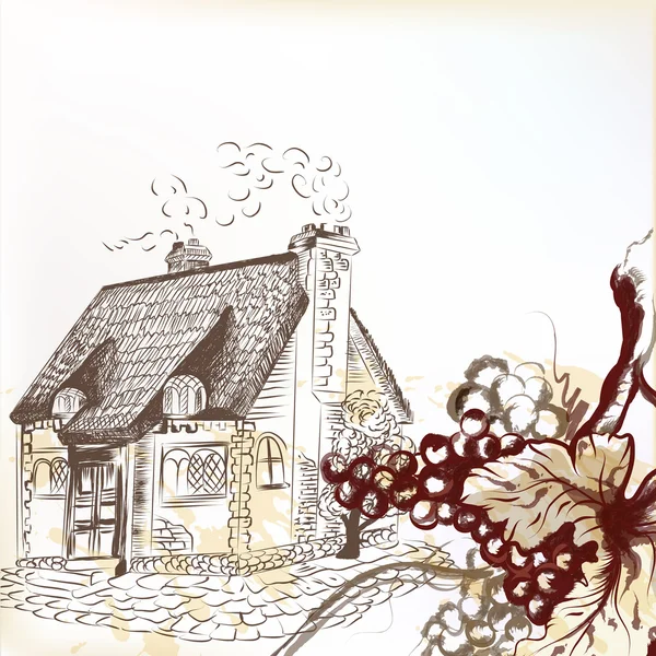 ブドウと古い家のビンテージ背景 — ストックベクタ