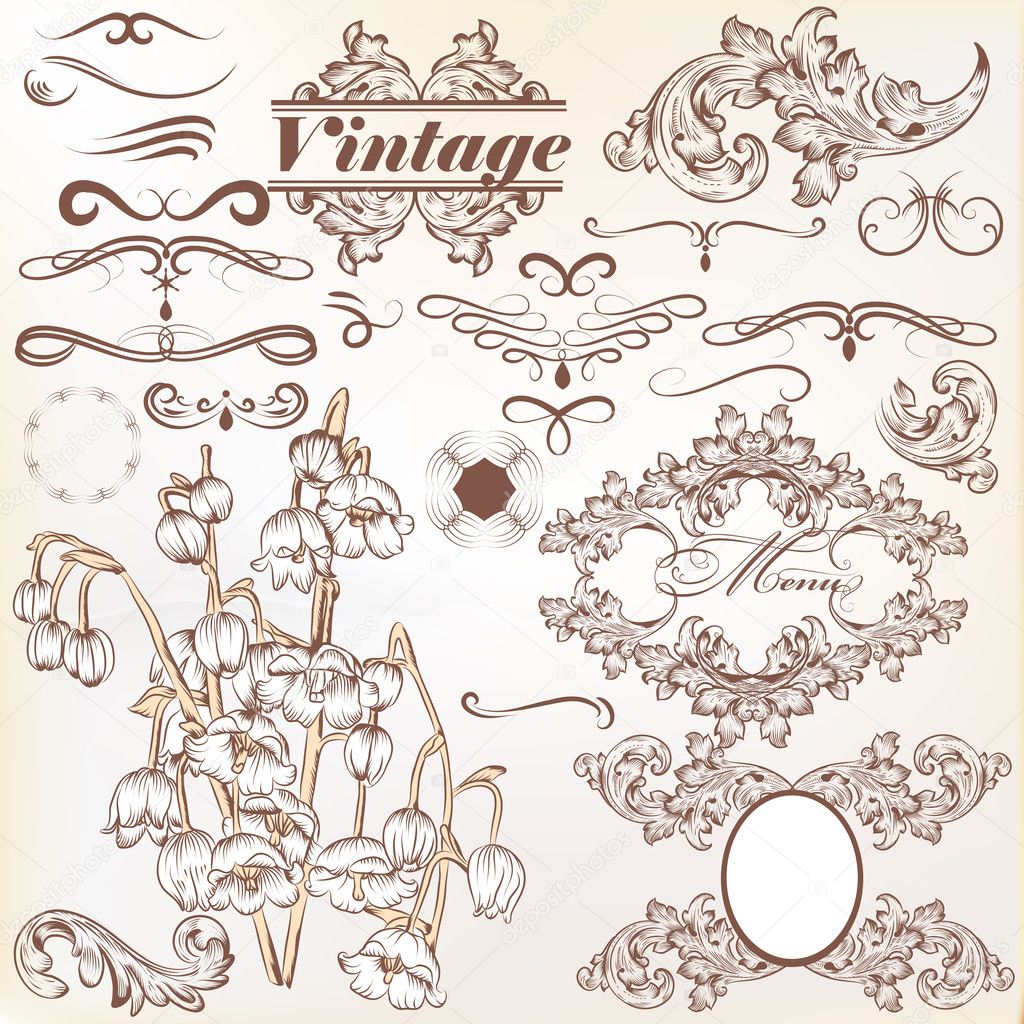 Vector set of calligraphic vintage elements and page decorations