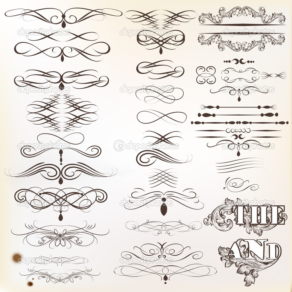Collection of vintage calligraphic design elements and page dec