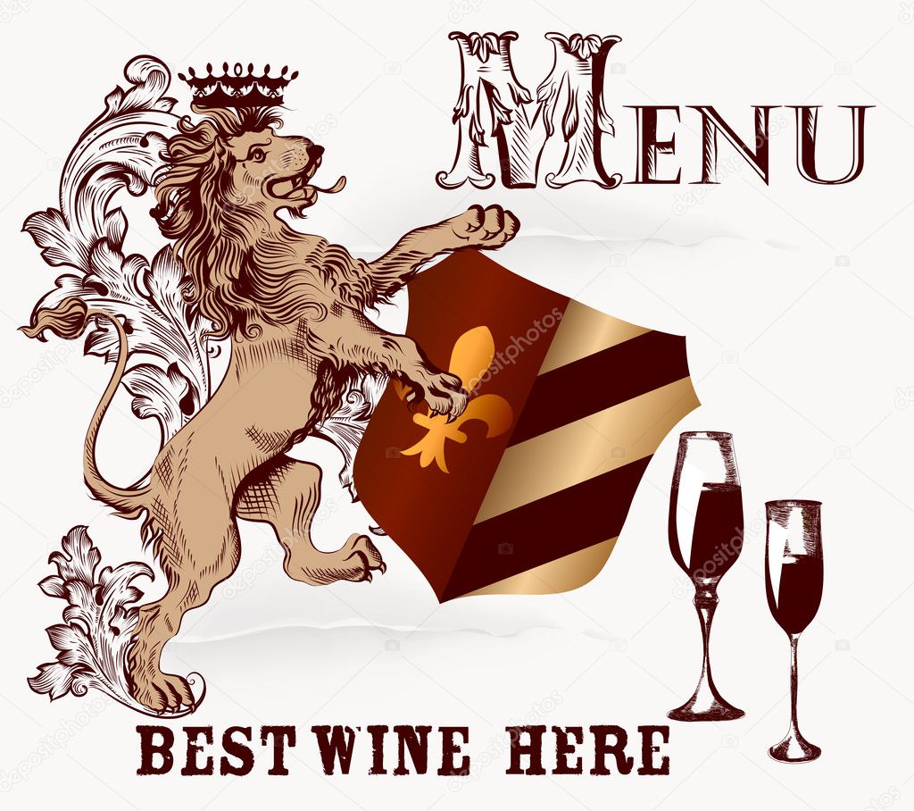Menu or poster design in heraldic style with lion and wine