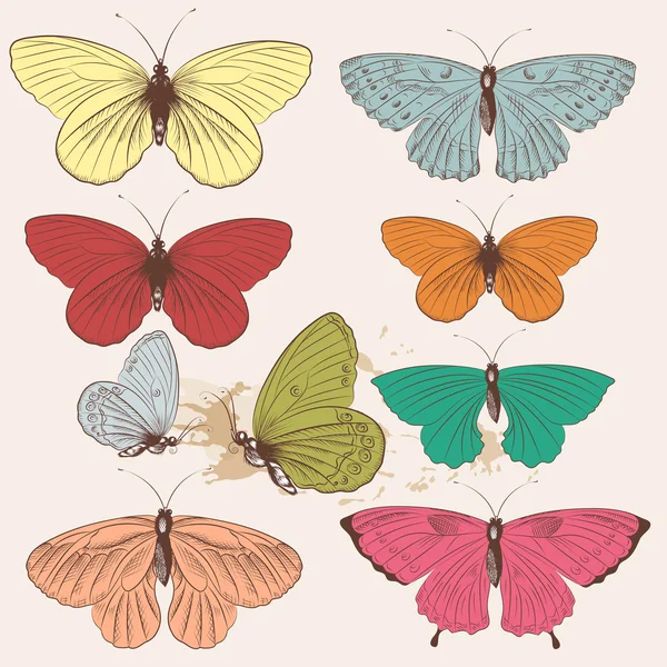 Set of vector hand drawn butterflies in vintage style — Stock Vector