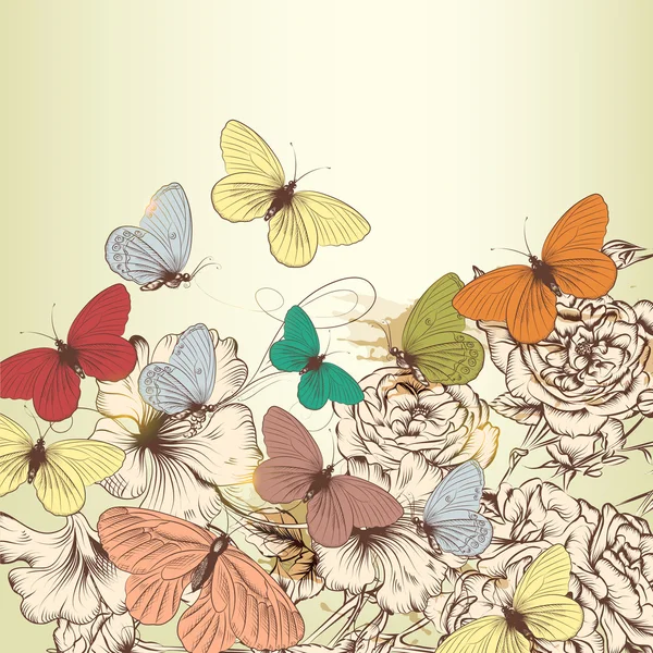 Design vintage avec vecteur dessiné à la main fleurs et papillons — Image vectorielle