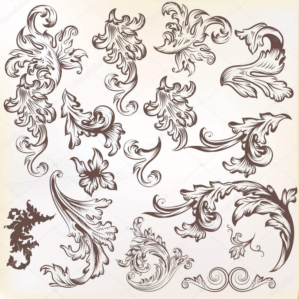 Vector set of vintage swirl elements for design