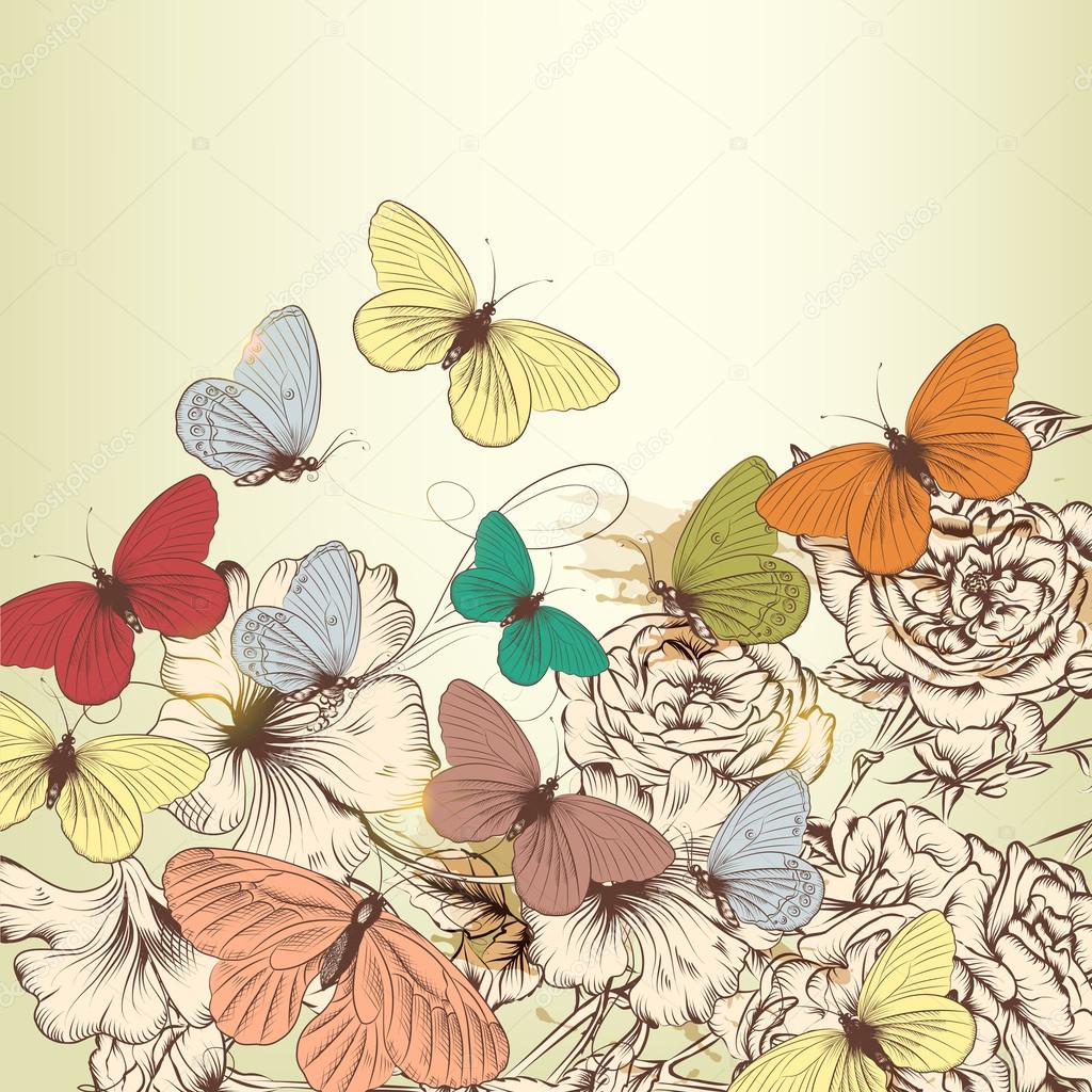 Vintage design with vector hand drawn flowers and butterflies