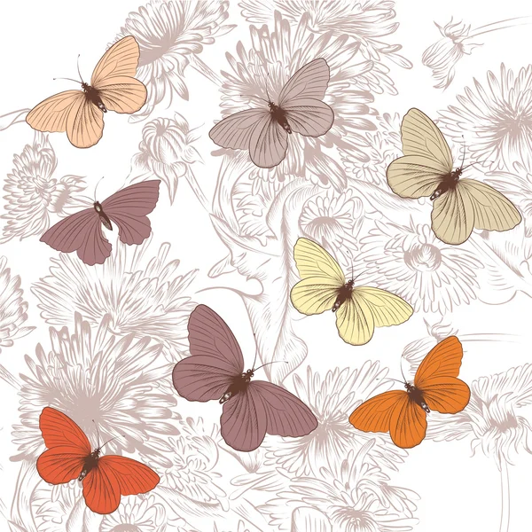 Květinový vzor s květinami a motýli — Stockový vektor