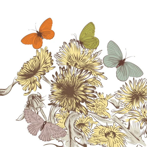 Karahindiba çiçekler ve butterf elle çizilmiş vektör arka plan — Stok Vektör