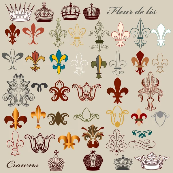 一連のベクトル紋章フルール ド リスおよび王冠 — ストックベクタ