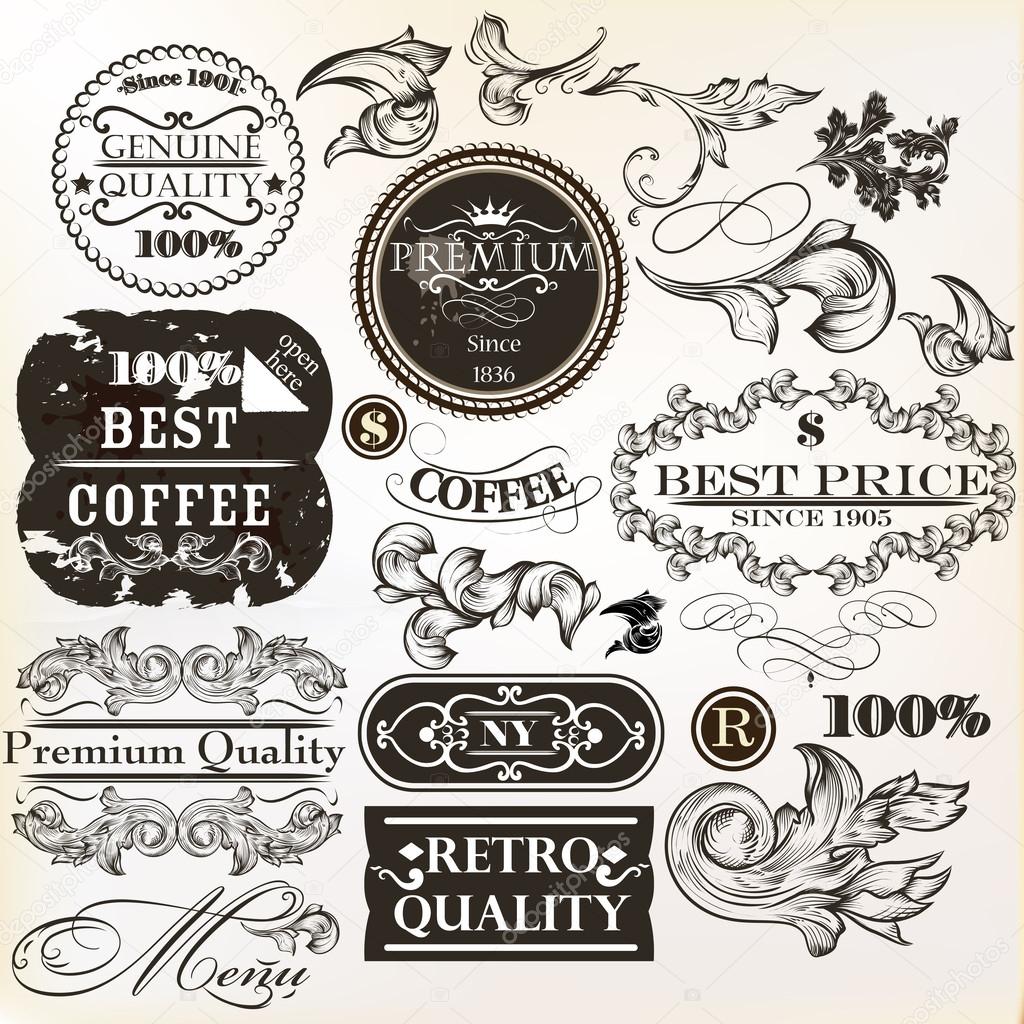 Vector set of decorative elements and labels in retro style