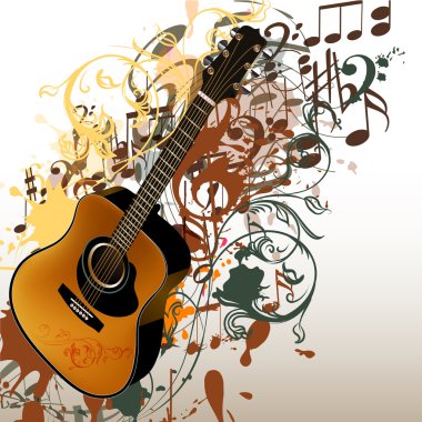Grunge music vector background with guitar and notes clipart