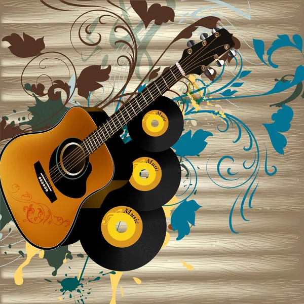 Grunge music vector background with guitar and notes on wooden — Stock Vector