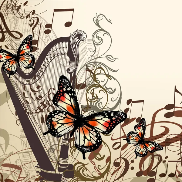 Fond vectoriel avec harpe, notes et papillons — Image vectorielle