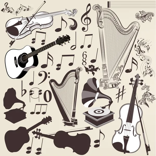 Vector set of detailed musical instruments for design — Stock Vector