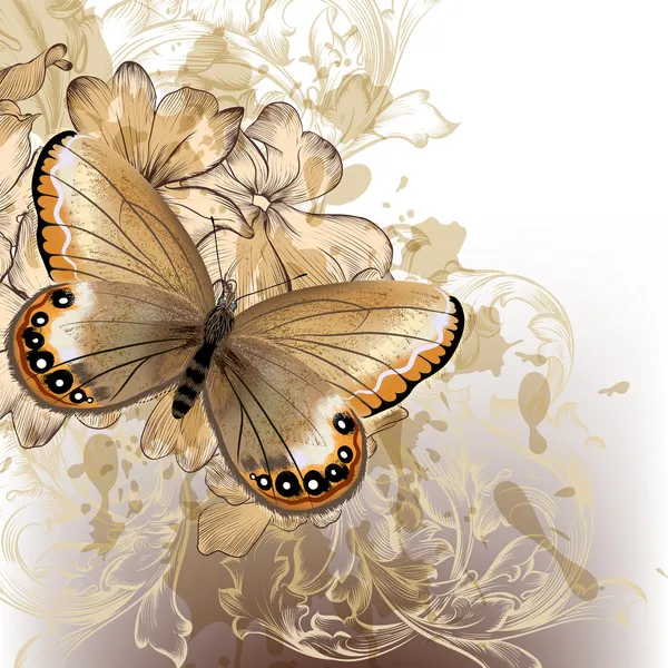 Lindo fondo floral con estilo con mariposa — Vector de stock