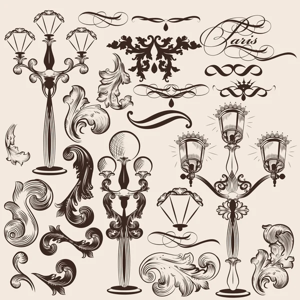 Векторний набір каліграфічних декоративних елементів та вуличних ліхтарів — стоковий вектор