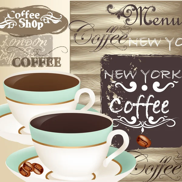 Koffie menu met kopjes op houten een textuur — Stockvector