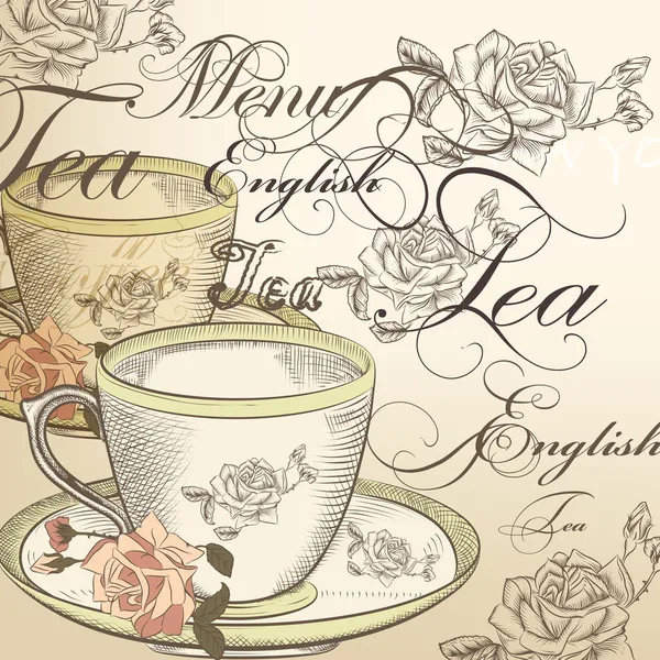 Beau fond vectoriel avec tasse de thé et roses en vintage — Image vectorielle