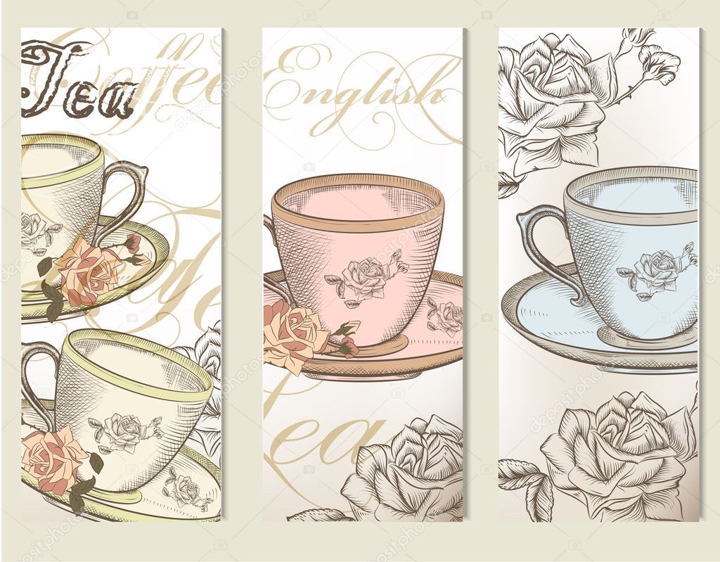 Brochure vector set with vintage cups of tea