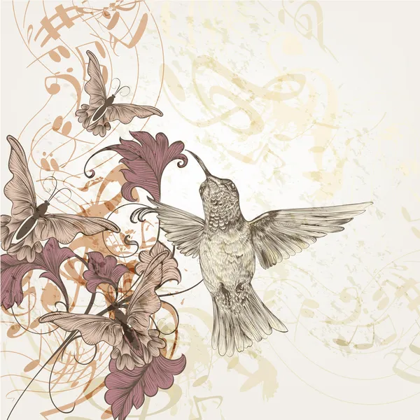 Fondo musical floral con colibríes, mariposas y nota — Vector de stock