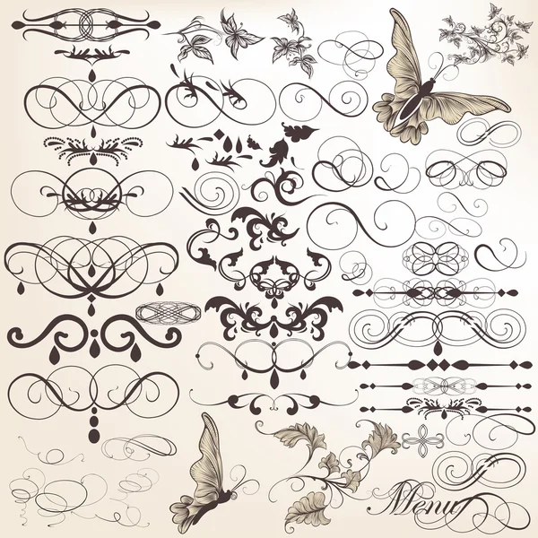 Conjunto vetorial de elementos de design caligráfico e decorações de página — Vetor de Stock
