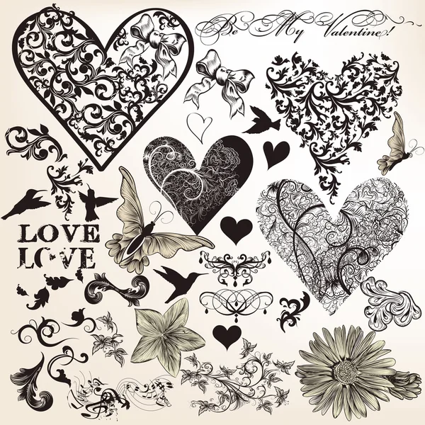 Colección de elementos caligráficos vectoriales sobre el tema del amor en vint — Archivo Imágenes Vectoriales