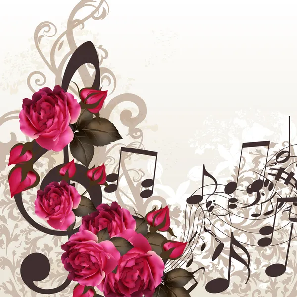 Fond vectoriel musical avec clef aigu et roses pour le design — Image vectorielle