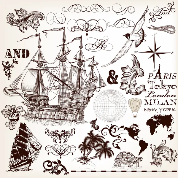 Conjunto vectorial de elementos vintage sobre tema marino con barco y swi — Vector de stock