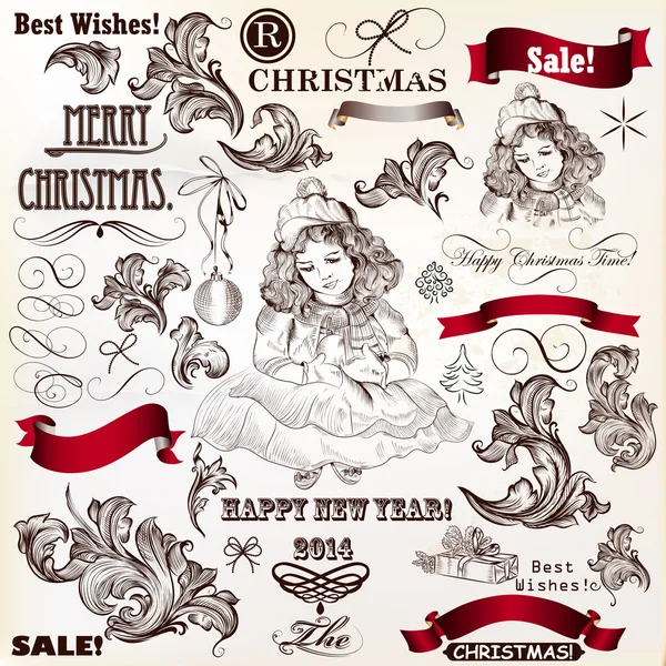 Collection of Christmas vector vintage decorative calligraphic e — Stock Vector