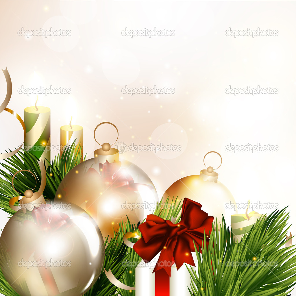 Christmas background with baubles, fir branches and clear space