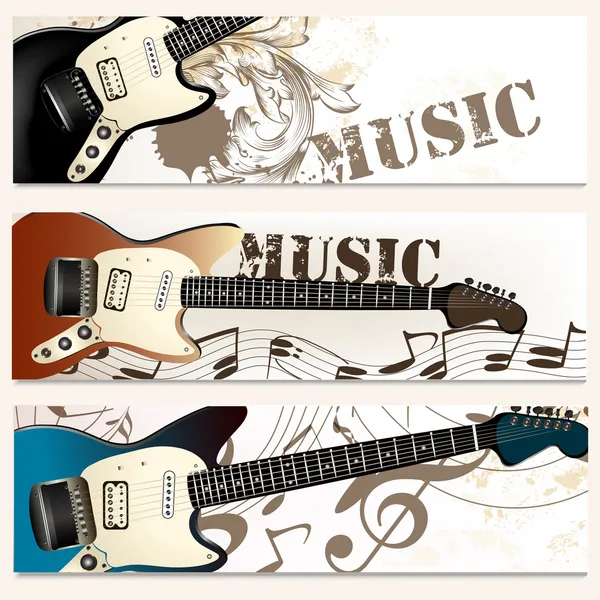 Folleto vector conjunto en tema de música con guitarras de bajo — Vector de stock