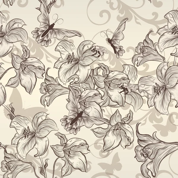 Beautiful vector seamless wallpaper with lily in vintage style — Stock Vector