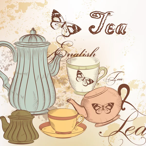 Fundo desenhado à mão com chá em estilo vintage — Vetor de Stock