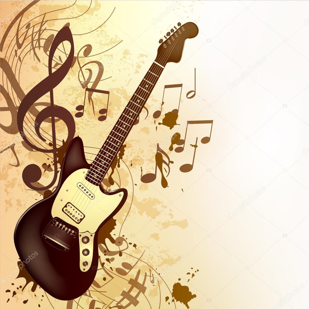 Music background in vintage style with bass guitar and notes