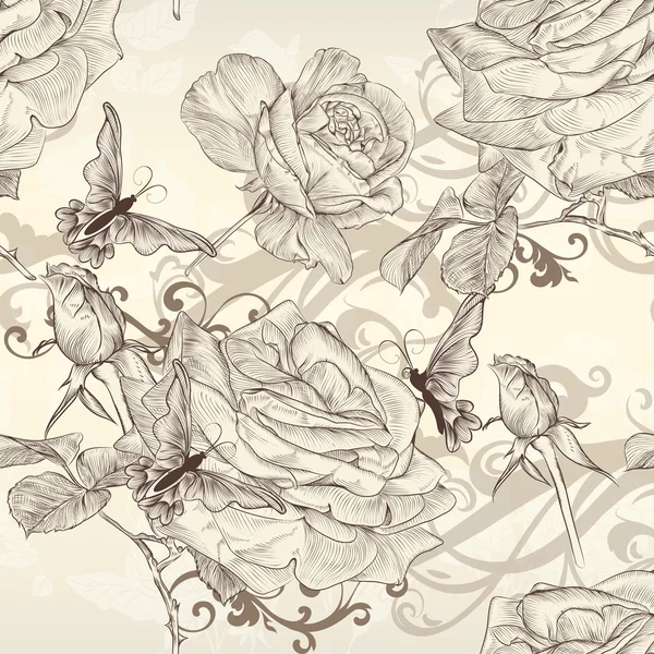 Beau papier peint vectoriel sans couture avec des roses dans un style vintage — Image vectorielle