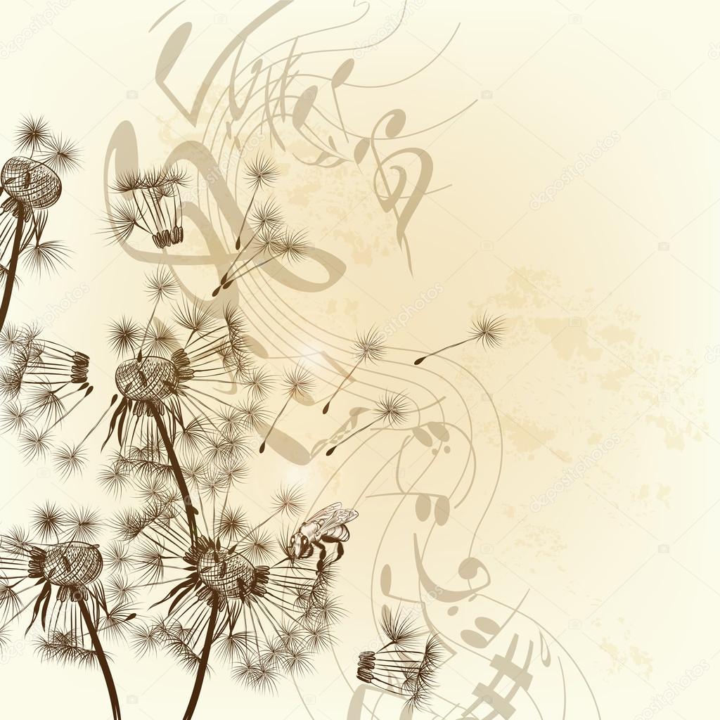 Vector floral background with dandelions and notes