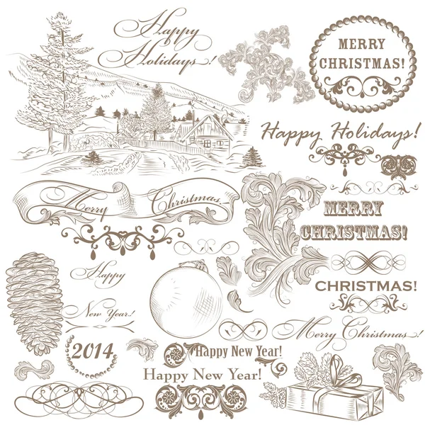 Christmas set of vintage decorative hand drawn elements for desi — Stock Vector