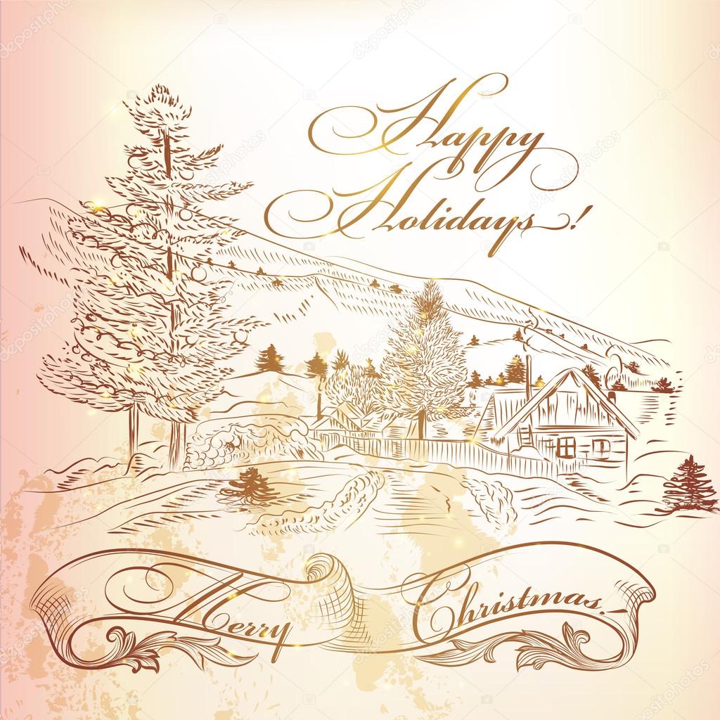 Christmas greeting card in vintage style with hand drawn landsca