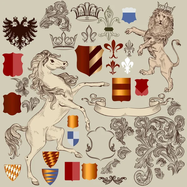 Verzameling van vector hand getrokken heraldische elementen in vintage stal — Stockvector