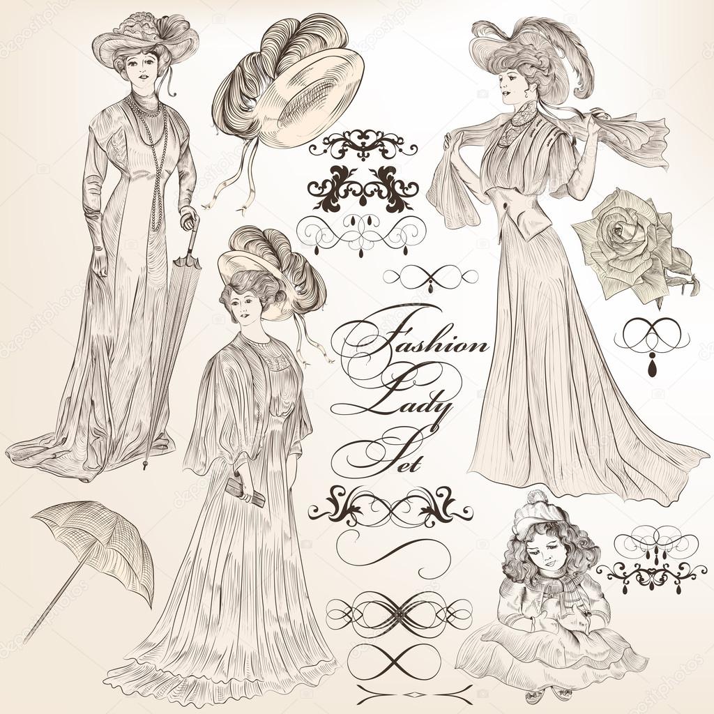 Collection of vector detailed fashion lady in old-fashioned vin