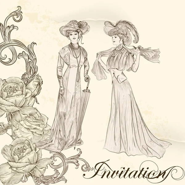 Tarjeta de invitación Vintage con hermosa mujer joven y rosas — Vector de stock