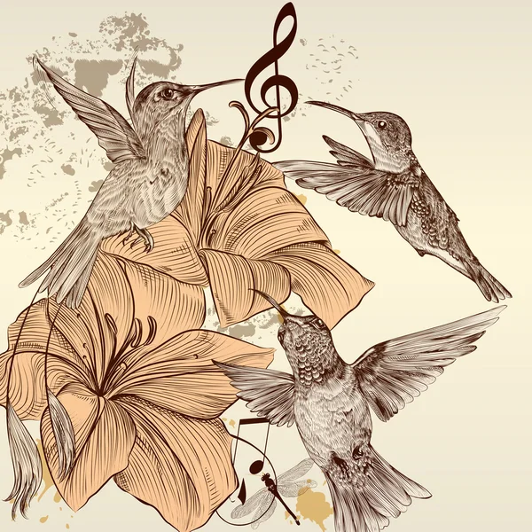 Винтажный векторный фон с птицами и цветами — стоковый вектор