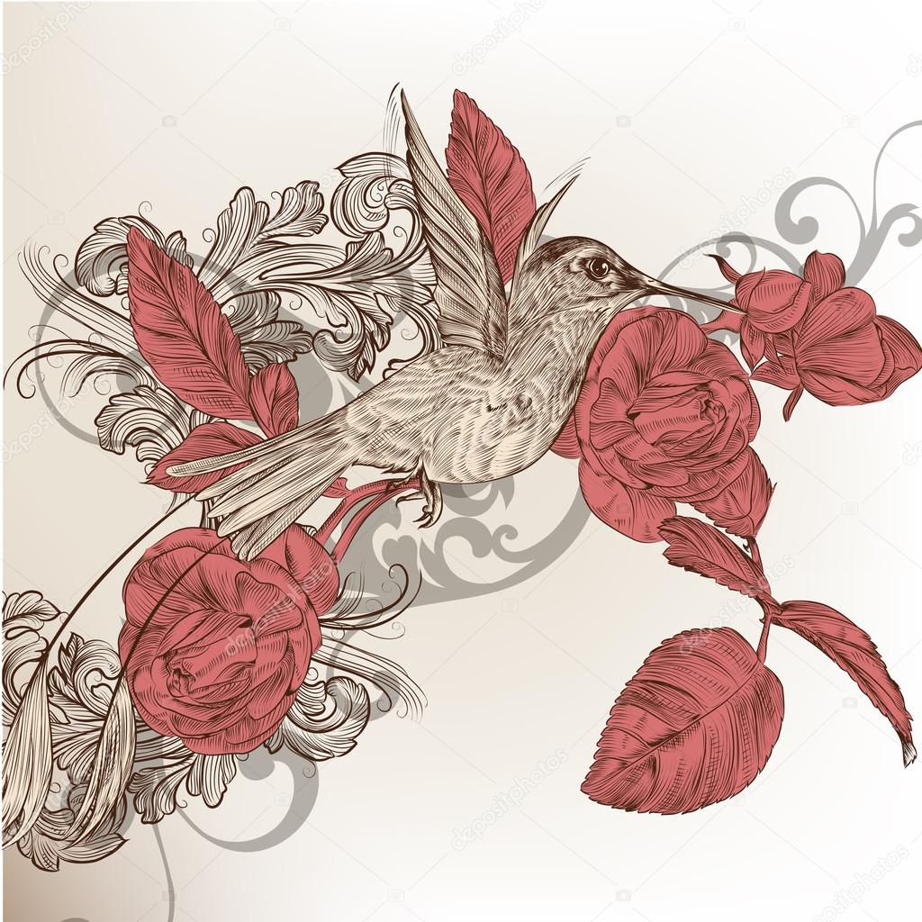 Fashion floral background with humming bird and roses